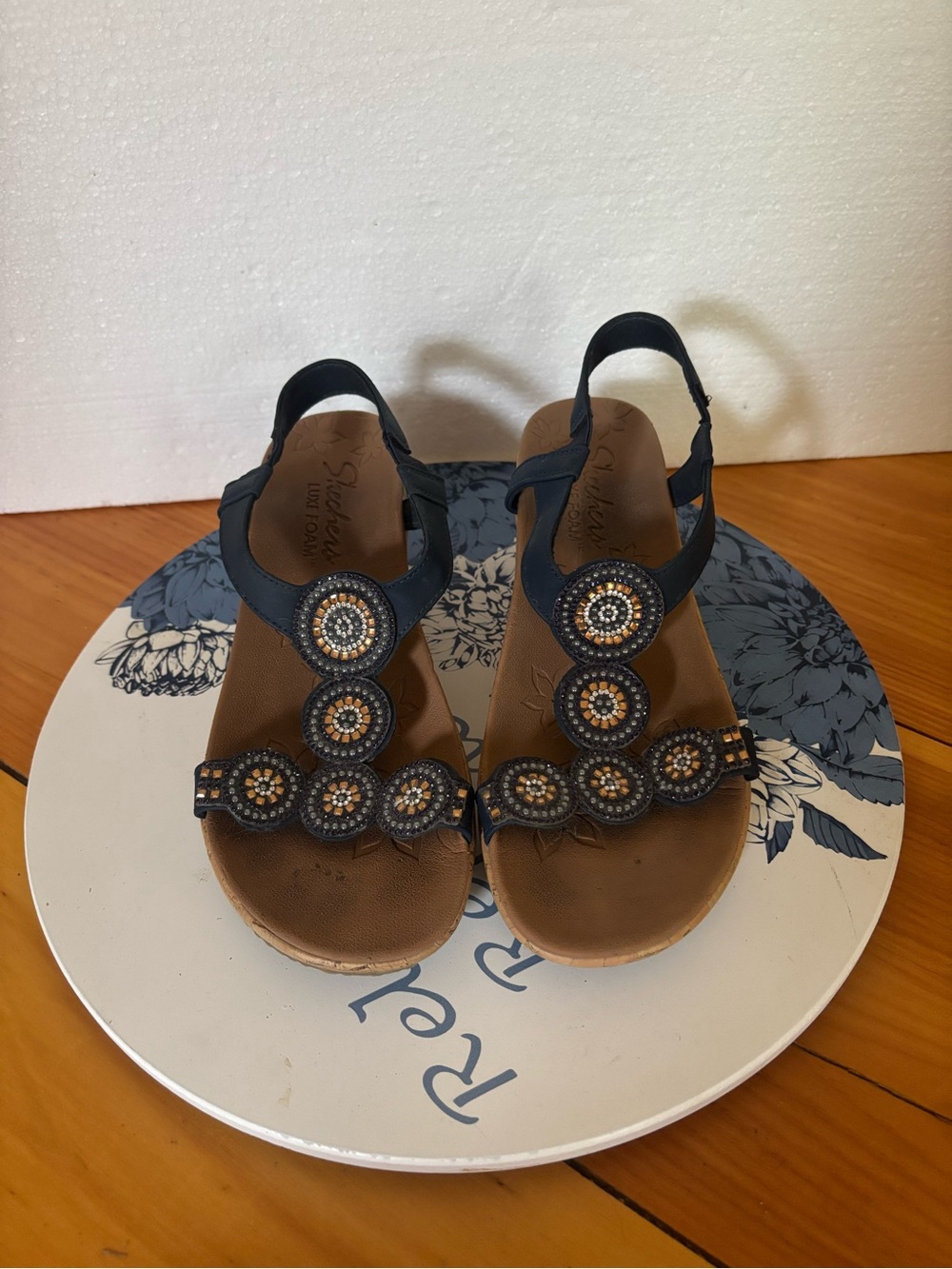 Skechers Navy Beaded T-strap Sandals